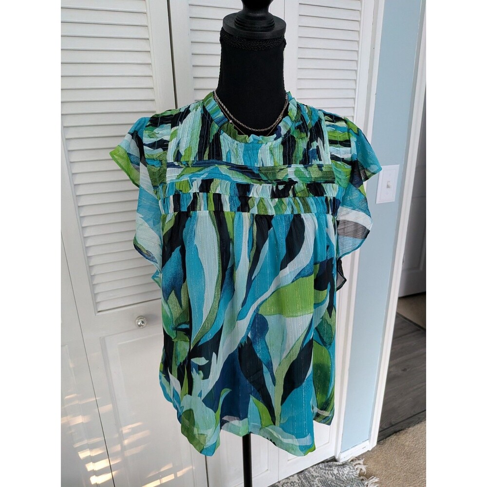 DKNY Top Women's M Blue Green Art To Wear Abstract Ruffled Blouse Career Resort